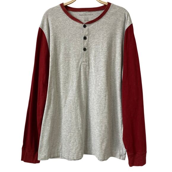 American Eagle Y2K Henley Long Sleeve Tshirt Men XL Gray Red Colorblock Baseball - Picture 1 of 9